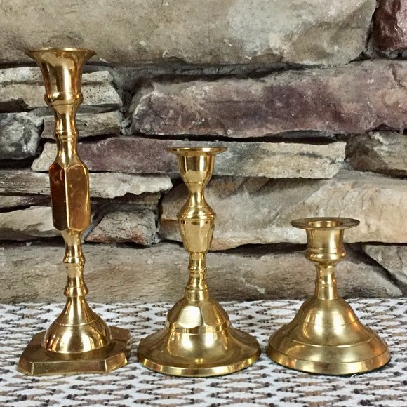 Vintage set of 3 Brass Candlesticks Boho Decor